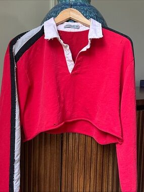 Carmar Red Cropped Rugby Top with Black & White Stripe
